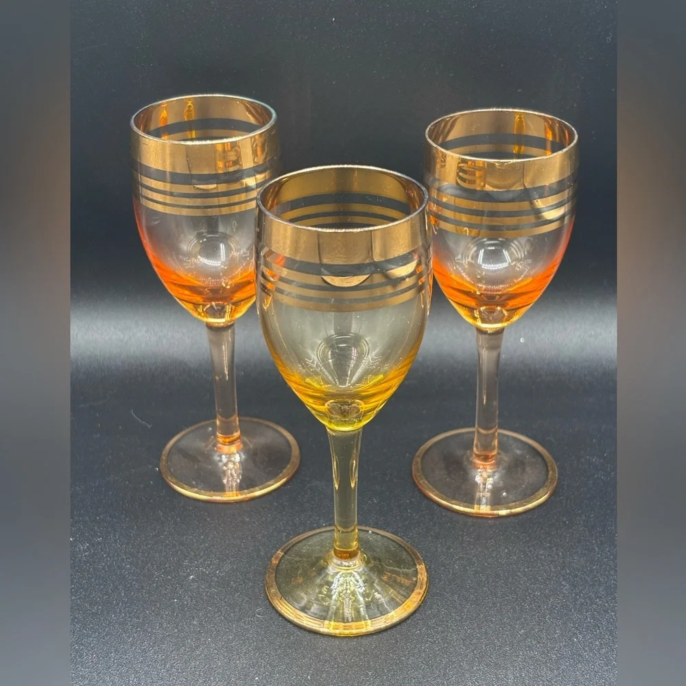 Vtg. (3) Amber Optic Gold Trim Sherry Cordial Stem Glasses Orange Yellow MCM